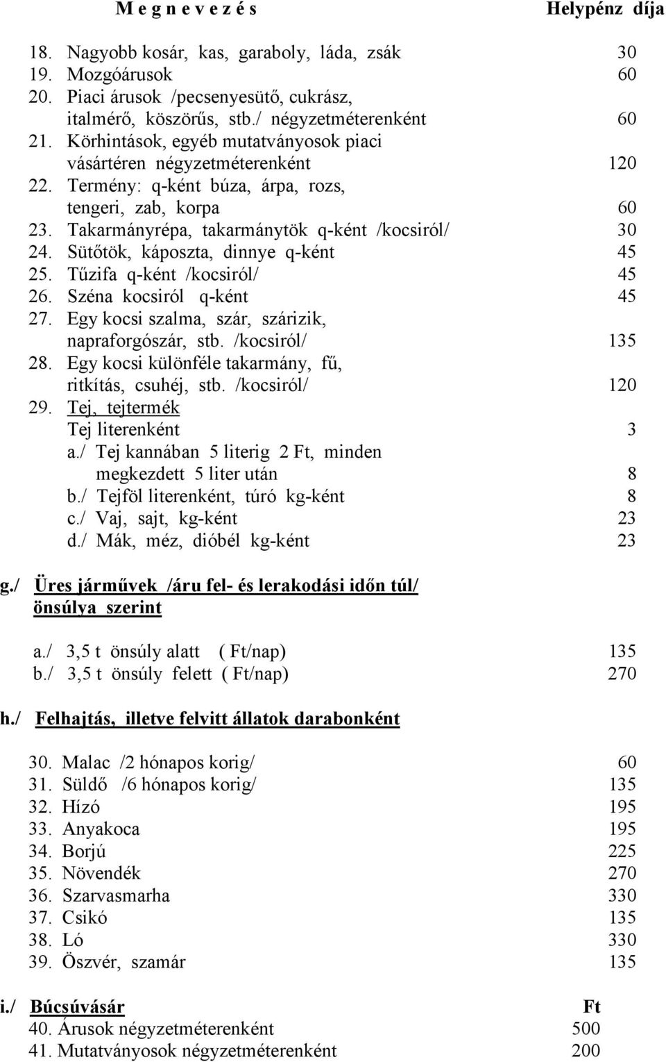 Sütıtök, káposzta, dinnye q-ként 45 25. Tőzifa q-ként /kocsiról/ 45 26. Széna kocsiról q-ként 45 27. Egy kocsi szalma, szár, szárizik, napraforgószár, stb. /kocsiról/ 135 28.