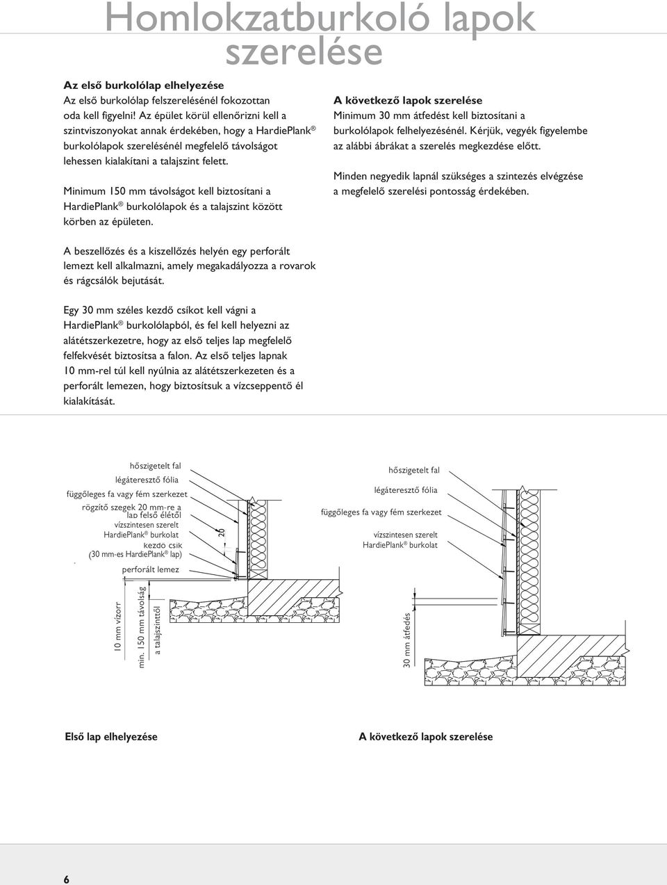 Minimum 150 mm távolságot kell biztosítani a HardiePlank burkolólapok és a talajszint között körben az épületen.