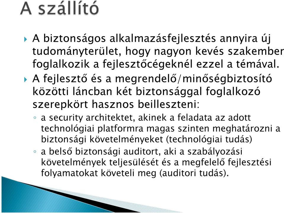 architektet, akinek a feladata az adott technológiai platformra magas szinten meghatározni a biztonsági követelményeket (technológiai