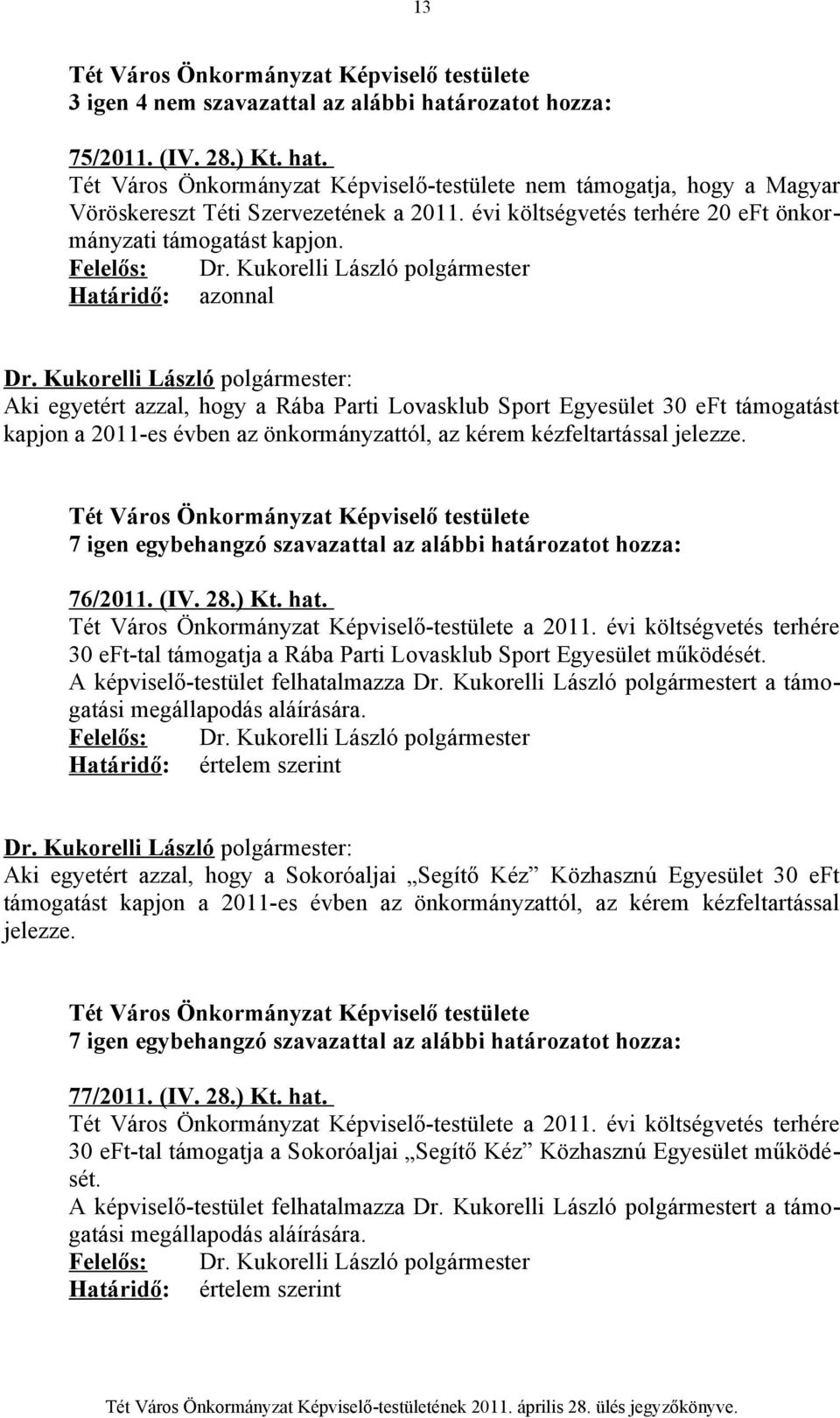 Határidő: azonnal Aki egyetért azzal, hogy a Rába Parti Lovasklub Sport Egyesület 30 eft támogatást kapjon a 2011-es évben az önkormányzattól, az kérem kézfeltartással jelezze. 76/2011. (IV. 28.) Kt.