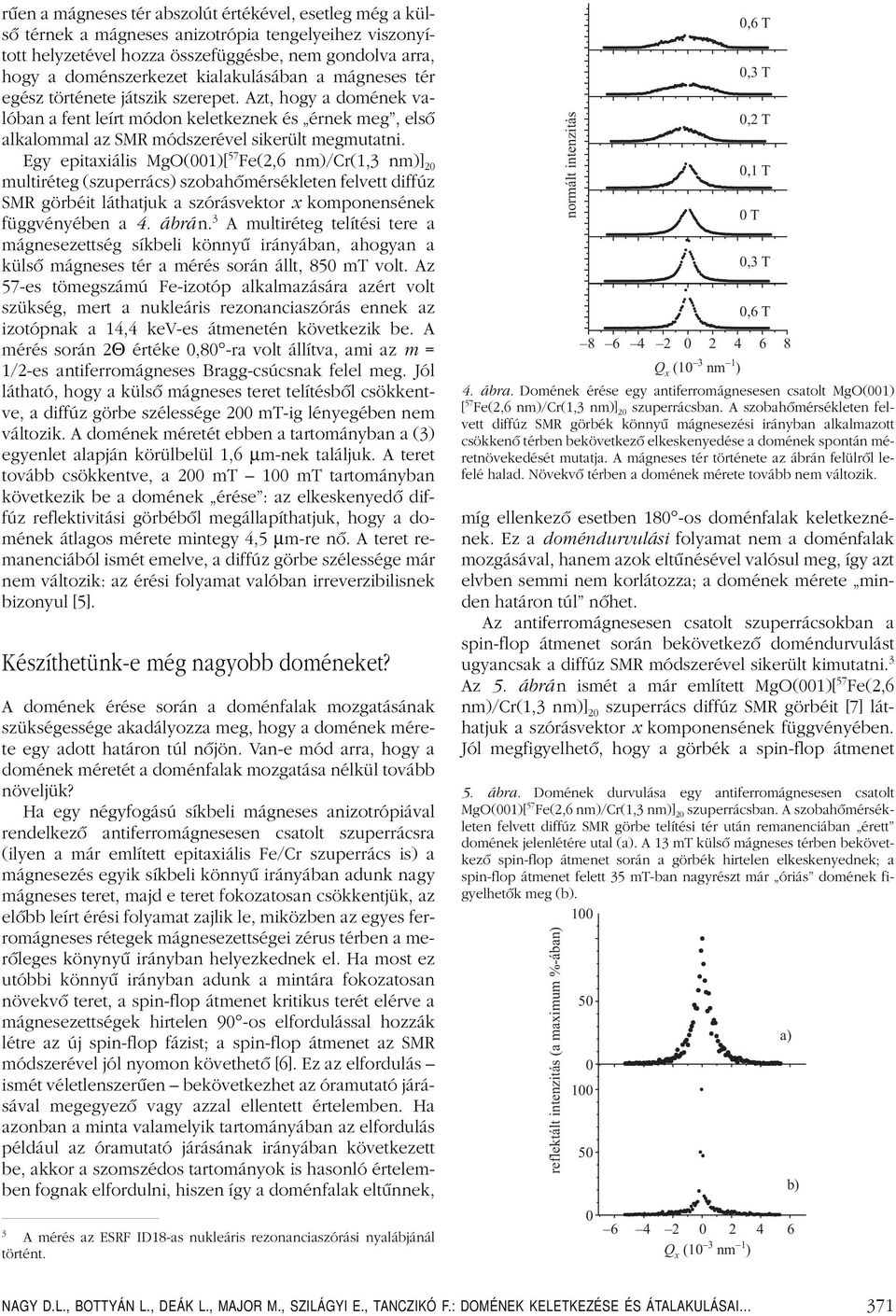 Egy epitaxiális MgO(001)[ 57 Fe(2,6 nm)/cr(1,3 nm)] 20 multiréteg (szuperrács) szobahômérsékleten felvett diffúz SMR görbéit láthatjuka szórásvektor x komponensének függvényében a 4. ábrán.