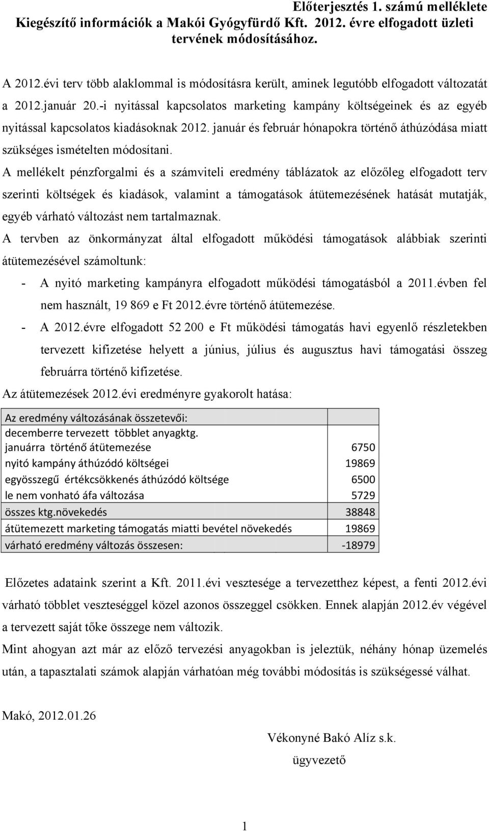 -i nyitással kapcsolatos marketing kampány költségeinek és az egyéb nyitással kapcsolatos kiadásoknak 2012. január és február hónapokra történő áthúzódása miatt szükséges ismételten módosítani.