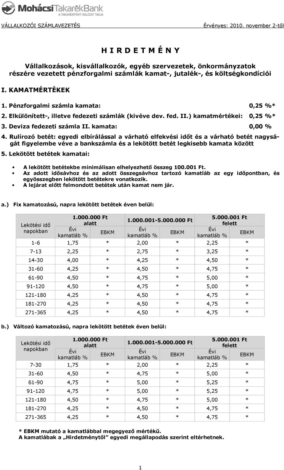 Rulírozó betét: egyedi elbírálással a várható elfekvési idıt és a várható betét nagyságát figyelembe véve a bankszámla és a lekötött betét legkisebb kamata között 5.