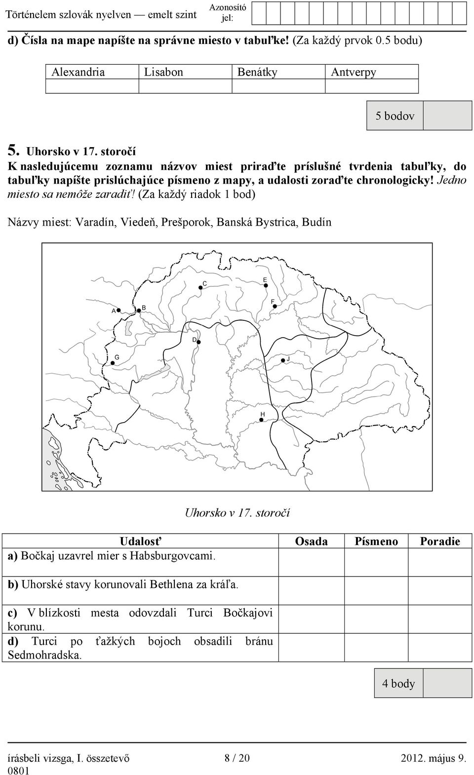 Jedno miesto sa nemôže zaradiť! (Za každý riadok 1 bod) Názvy miest: Varadín, Viedeň, Prešporok, Banská Bystrica, Budín Uhorsko v 17.