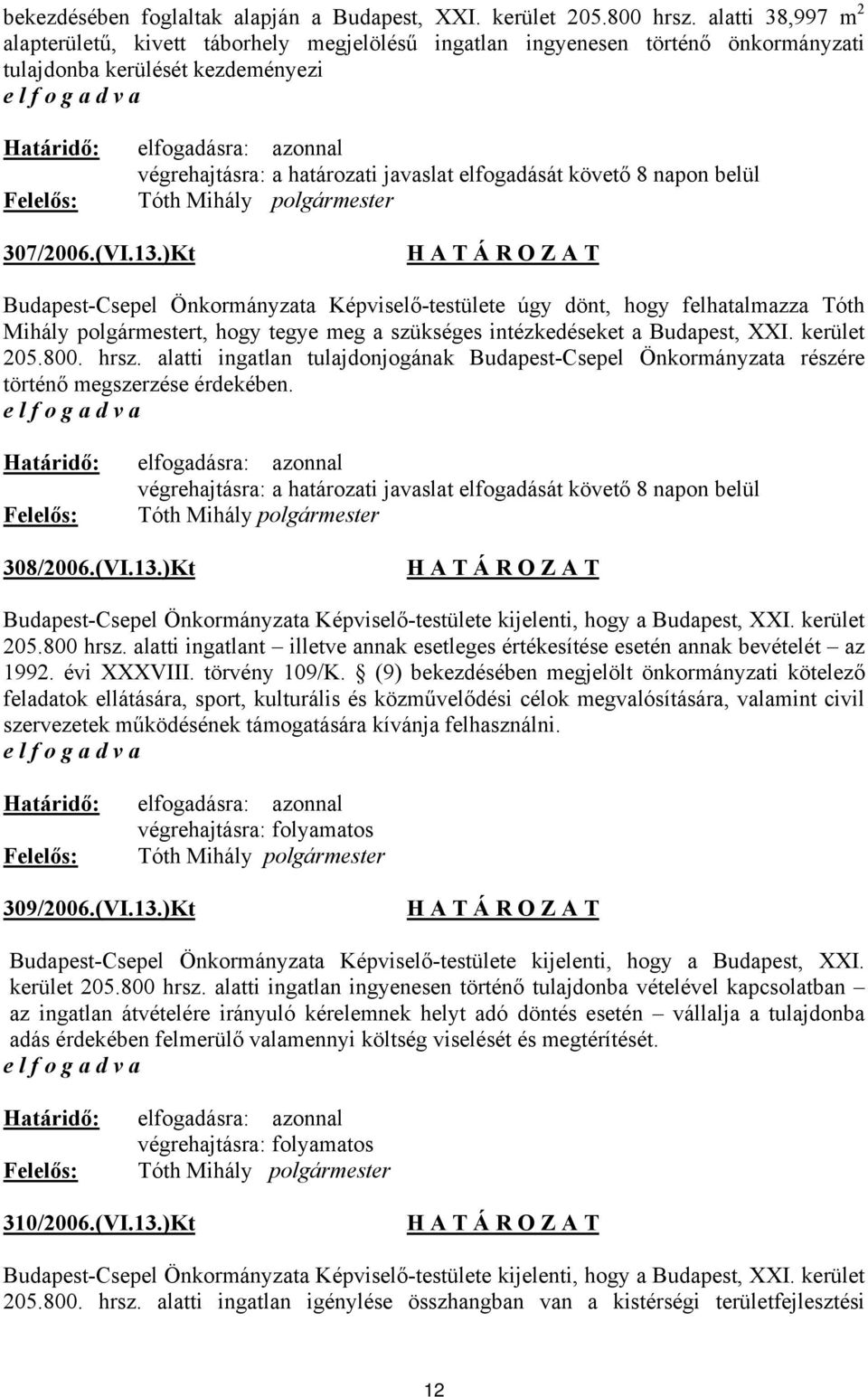 napon belül 307/2006.(VI.13.)Kt Budapest-Csepel Önkormányzata Képviselő-testülete úgy dönt, hogy felhatalmazza Tóth Mihály polgármestert, hogy tegye meg a szükséges intézkedéseket a Budapest, XXI.