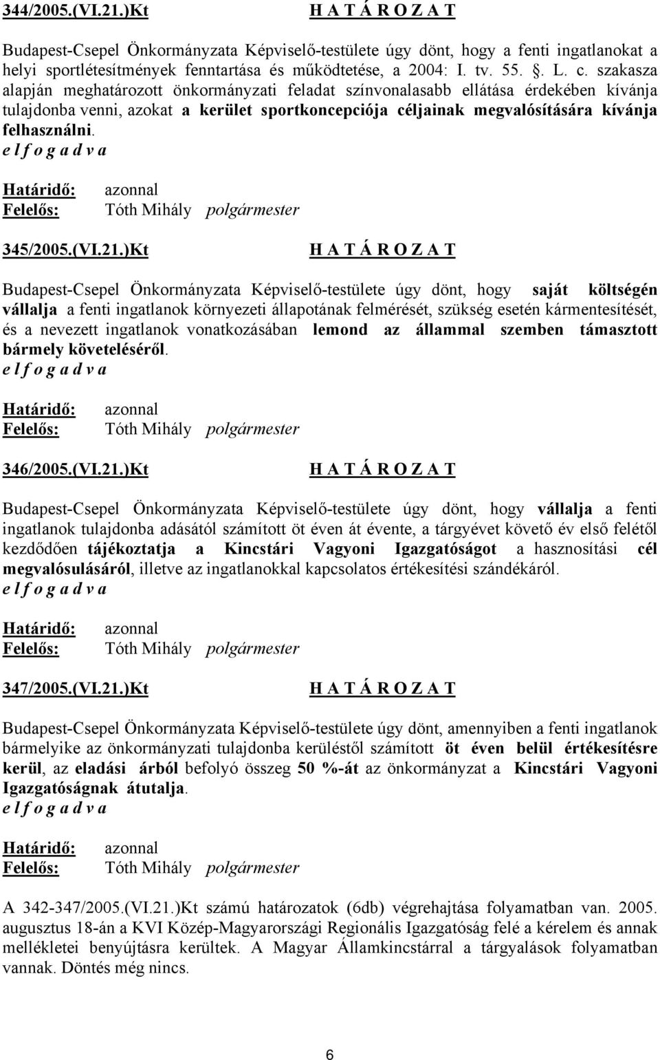 Határidő: Felelős: azonnal Tóth Mihály polgármester 345/2005.(VI.21.