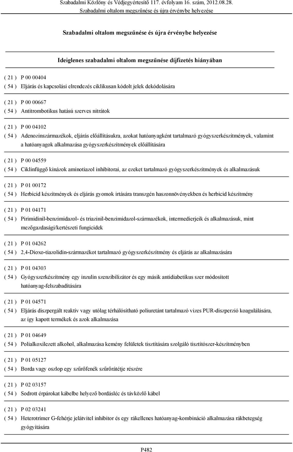 gyógyszerkészítmények előállítására ( 21 ) P 00 04559 ( 54 ) Ciklinfüggő kinázok aminotiazol inhibitorai, az ezeket tartalmazó gyógyszerkészítmények és alkalmazásuk ( 21 ) P 01 00172 ( 54 ) Herbicid