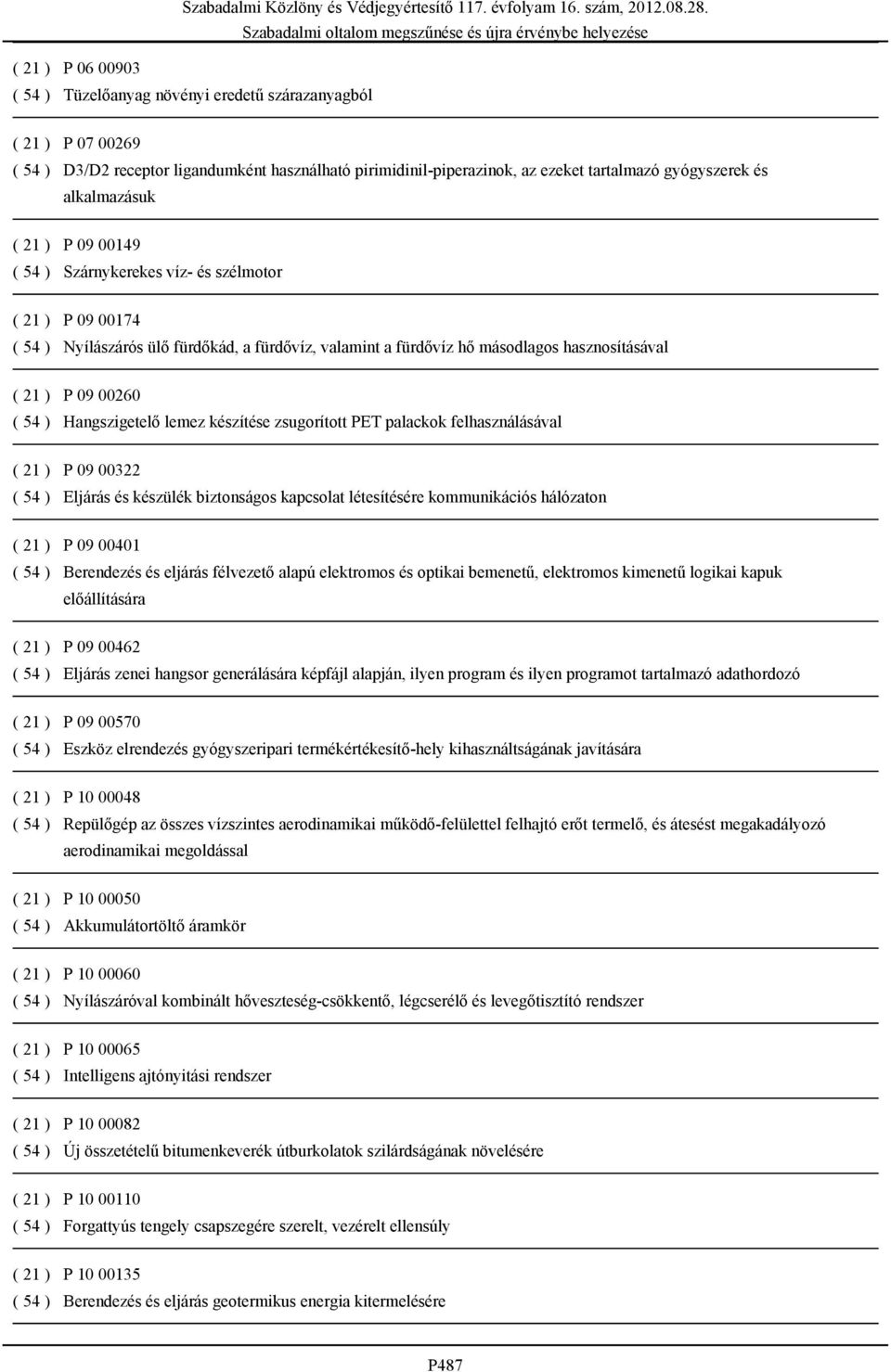 00260 ( 54 ) Hangszigetelő lemez készítése zsugorított PET palackok felhasználásával ( 21 ) P 09 00322 ( 54 ) Eljárás és készülék biztonságos kapcsolat létesítésére kommunikációs hálózaton ( 21 ) P