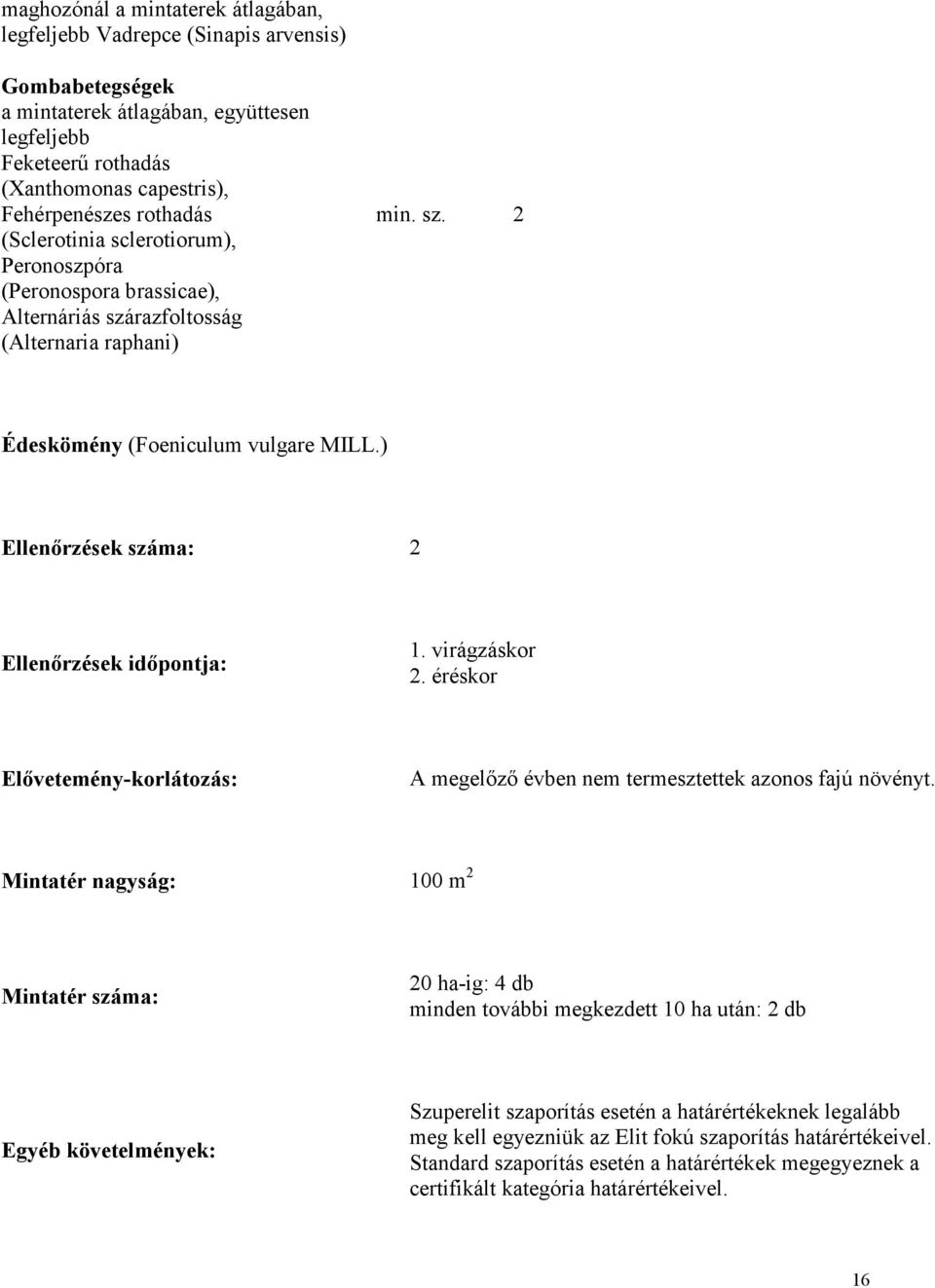 ) Ellenőrzések száma: 2 Ellenőrzések időpontja: 1. virágzáskor 2. éréskor Elővetemény-korlátozás: A megelőző évben nem termesztettek azonos fajú növényt.