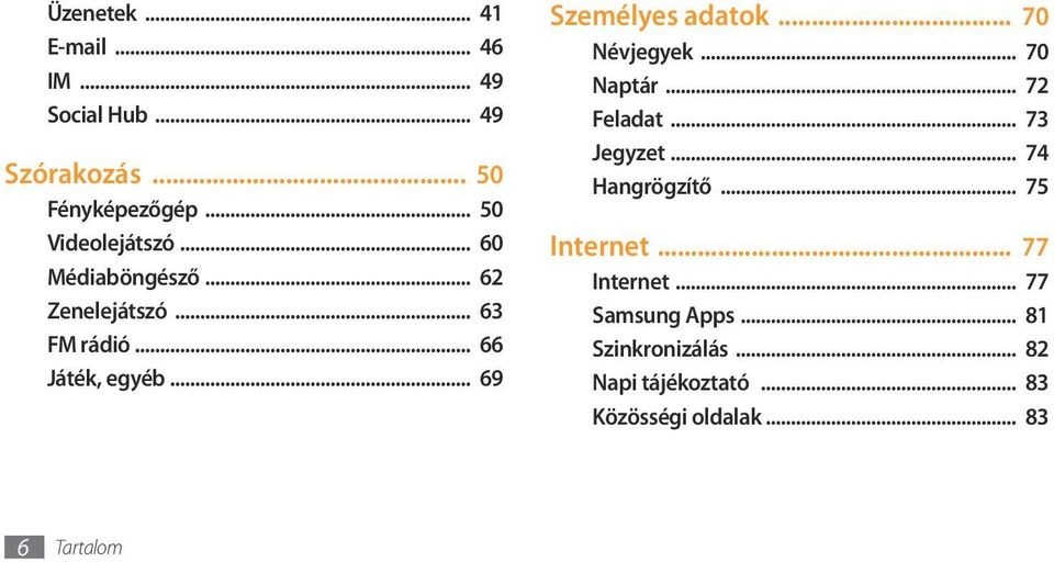 .. 70 Névjegyek... 70 Naptár... 72 Feladat... 73 Jegyzet... 74 Hangrögzítő... 75 Internet... 77 Internet.