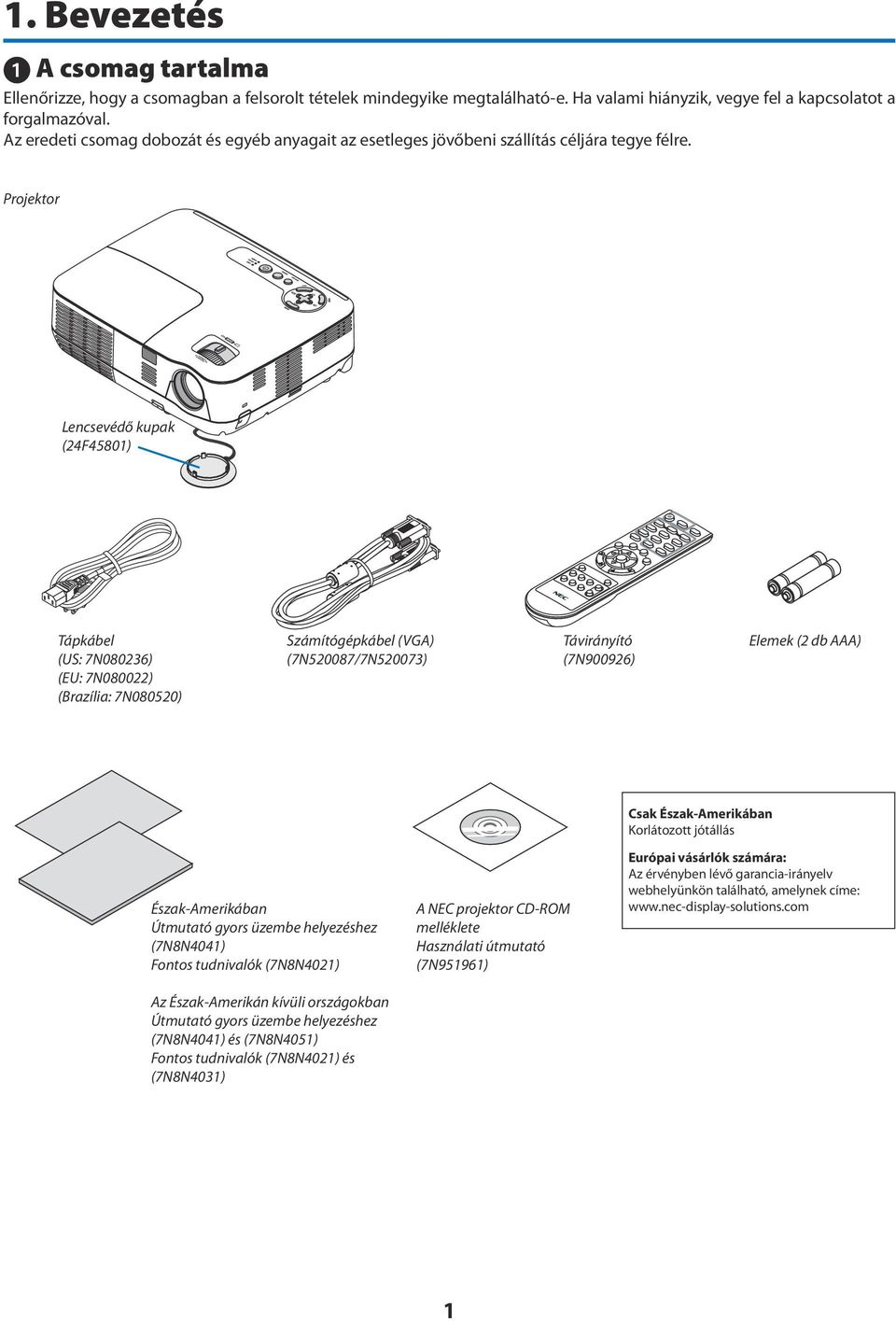 Projektor Lencsevédő kupak (24F45801) Tápkábel (US: 7N080236) (EU: 7N080022) (Brazília: 7N080520) Számítógépkábel (VGA) (7N520087/7N520073) Távirányító (7N900926) Elemek (2 db AAA) Észak-Amerikában