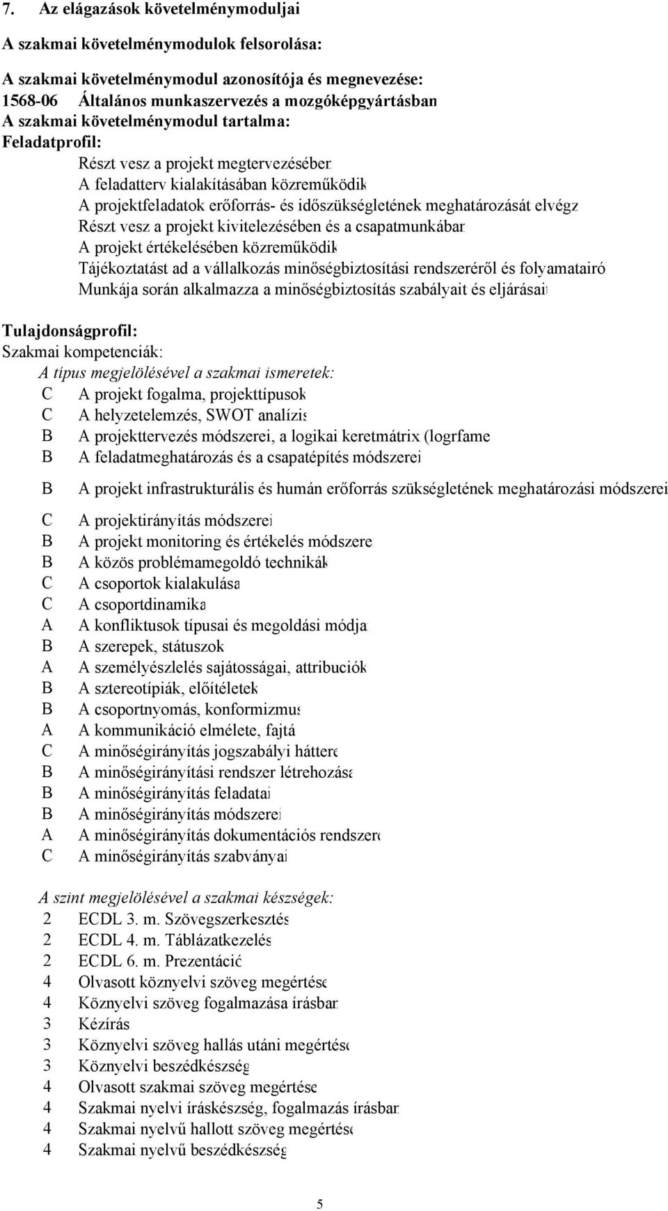 vesz a projekt kivitelezésében és a csapatmunkában A projekt értékelésében közreműködik Tájékoztatást ad a vállalkozás minőségbiztosítási rendszeréről és folyamatairól Munkája során alkalmazza a