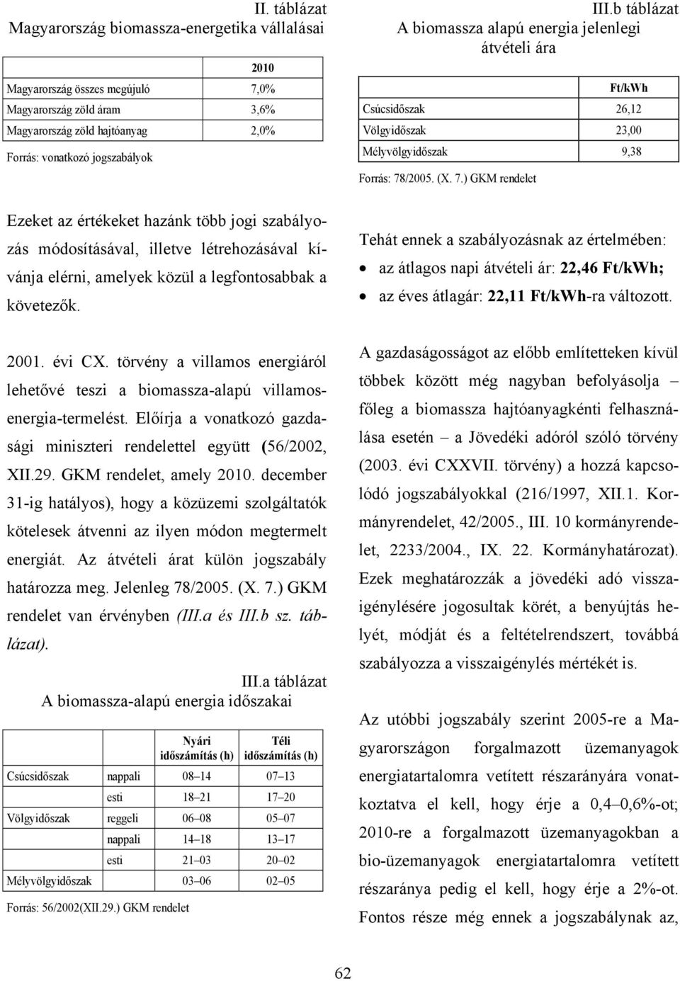 törvény a villamos energiáról lehetővé teszi a biomassza-alapú villamosenergia-termelést. Előírja a vonatkozó gazdasági miniszteri rendelettel együtt (56/2002, XII.29. GKM rendelet, amely 2010.