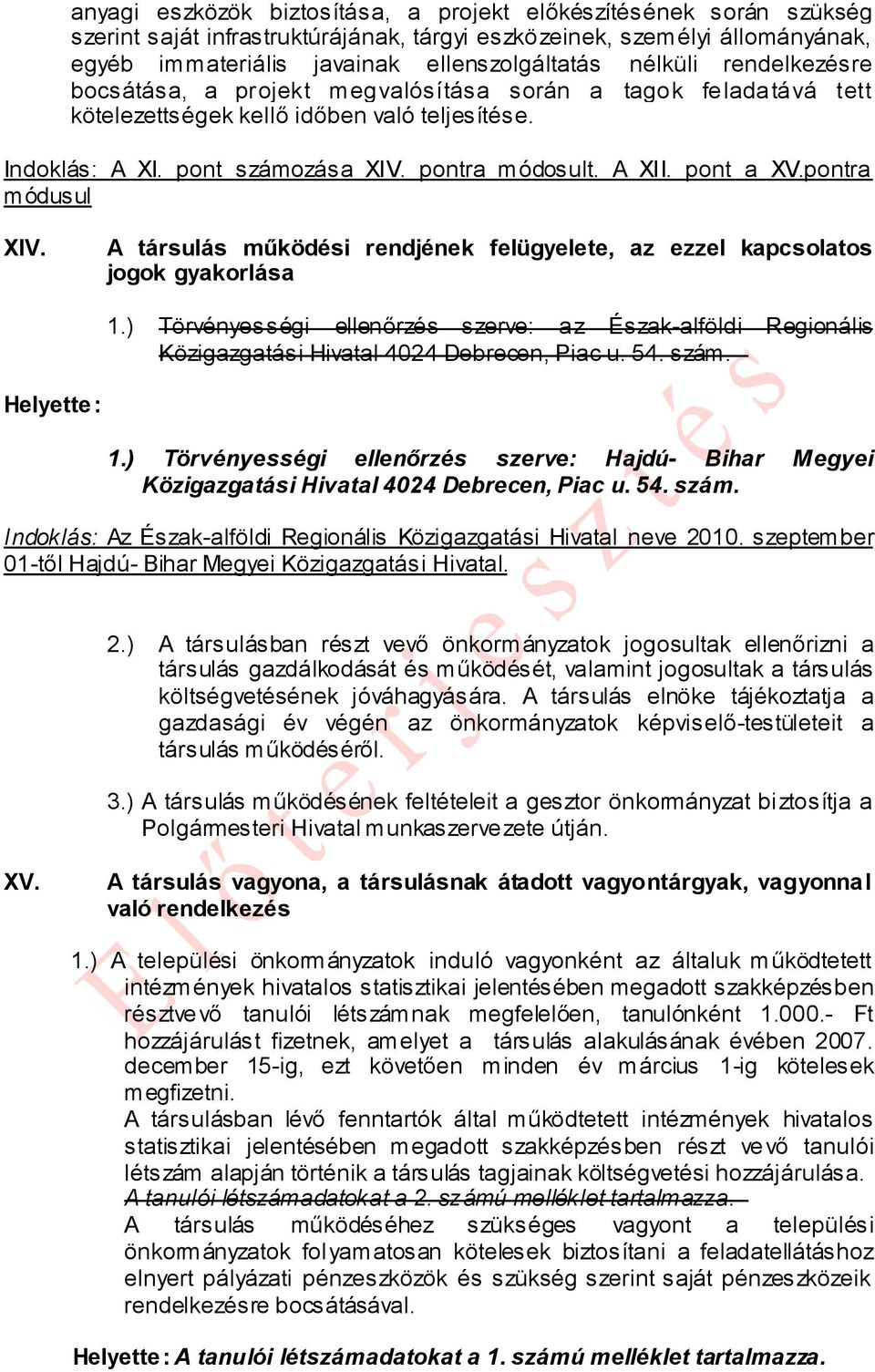 pont a XV.pontra módusul XIV. A társulás működési rendjének felügyelete, az ezzel kapcsolatos jogok gyakorlása 1.