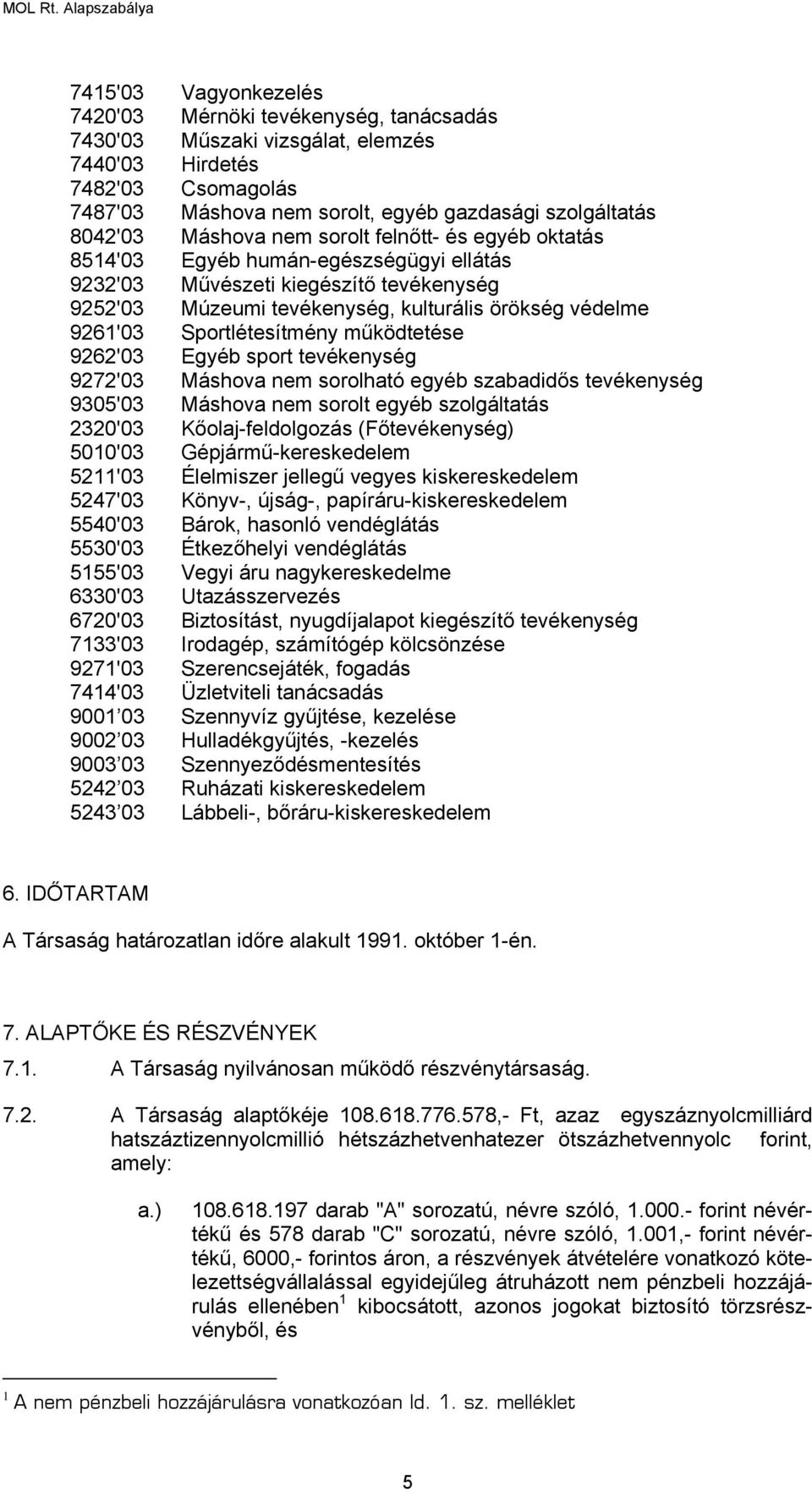 Sportlétesítmény működtetése 9262'03 Egyéb sport tevékenység 9272'03 Máshova nem sorolható egyéb szabadidős tevékenység 9305'03 Máshova nem sorolt egyéb szolgáltatás 2320'03 Kőolaj-feldolgozás