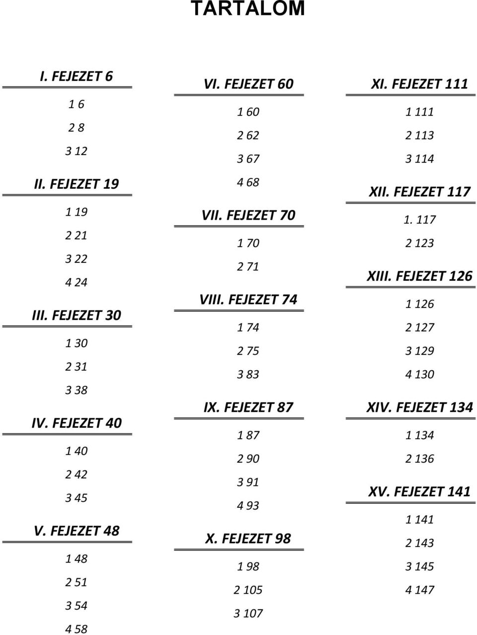 FEJEZET 70 1 70 2 71 VIII. FEJEZET 74 1 74 2 75 3 83 IX. FEJEZET 87 1 87 2 90 3 91 4 93 X. FEJEZET 98 1 98 2 105 3 107 XI.