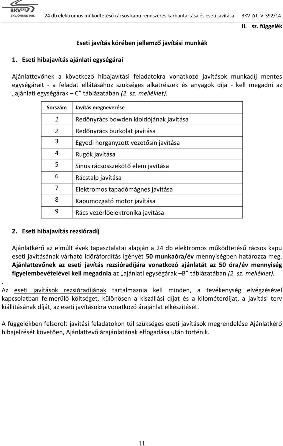 egységárak C táblázatában (2 sz melléklet) Sorszám Javítás megnevezése 1 Redőnyrács bowden kioldójának javítása 2 Redőnyrács burkolat javítása 3 Egyedi horganyzott vezetősín javítása 4 Rugók javítása