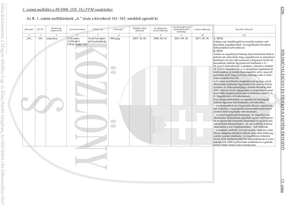 elõírások 1 2 3 4 5 6 7 8 9 10 11] 161. 161 etoprofosz CAS-szám: 13194-48-4 CIPAC-szám: 218 O-etil S,S-dipropil foszforditioát >940 g/kg 2007. 10. 01. 2008. 04. 01. 2011. 09. 30. 2017. 09. 30. A.