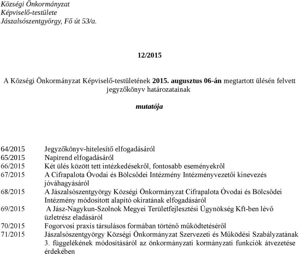 fontosabb eseményekről 67/2015 A Cifrapalota Óvodai és Bölcsődei Intézmény Intézményvezetői kinevezés jóváhagyásáról 68/2015 A Jászalsószentgyörgy Községi Önkormányzat Cifrapalota Óvodai és Bölcsődei