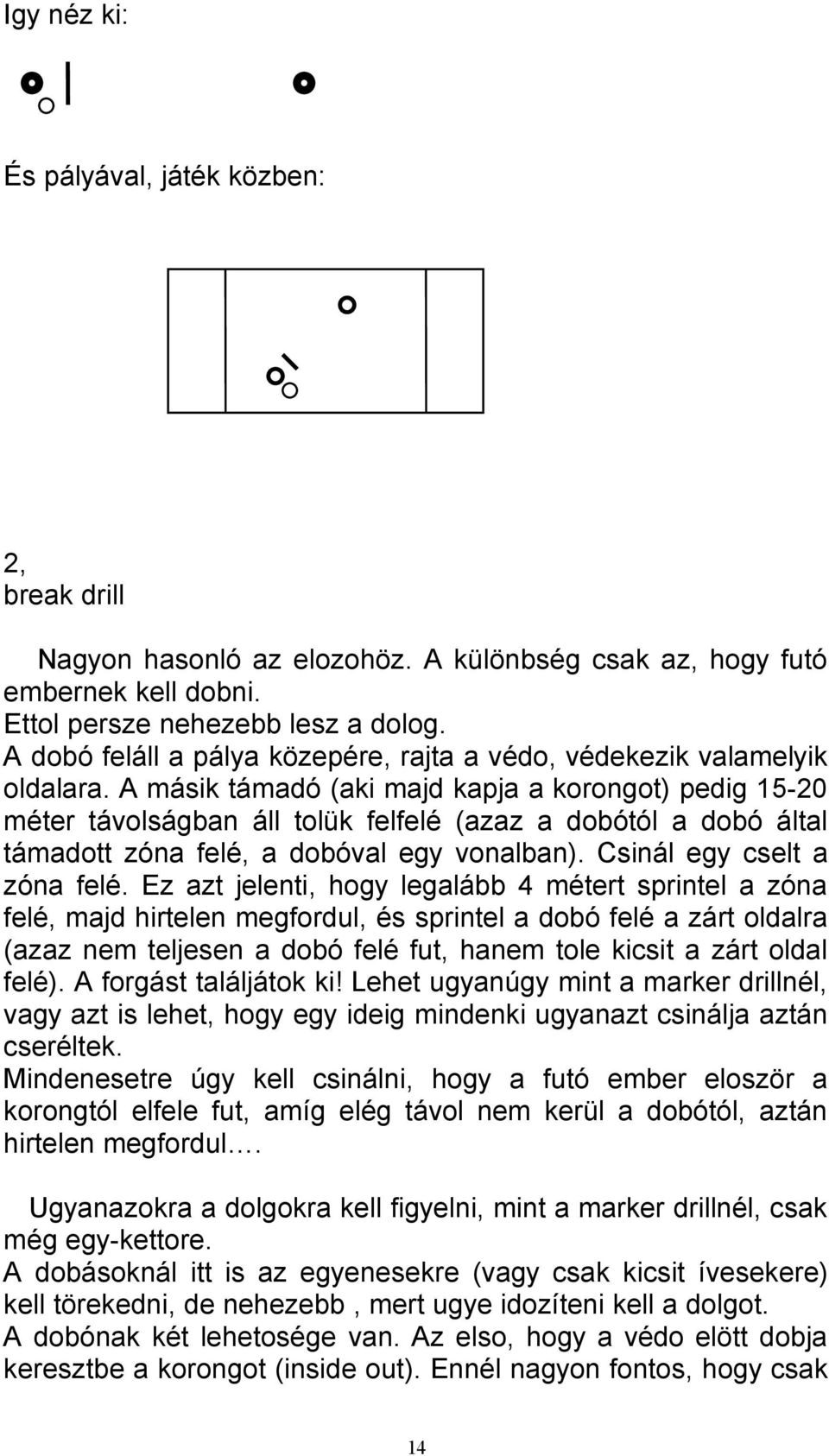 A másik támadó (aki majd kapja a korongot) pedig 15-20 méter távolságban áll tolük felfelé (azaz a dobótól a dobó által támadott zóna felé, a dobóval egy vonalban). Csinál egy cselt a zóna felé.