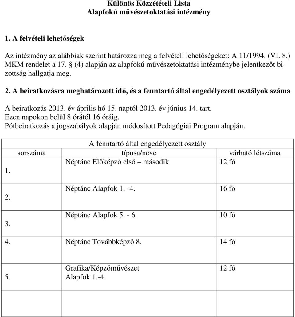 A beiratkozásra meghatározott idő, és a fenntartó által engedélyezett osztályok száma A beiratkozás 2013. év április hó 15. naptól 2013. év június 14. tart. Ezen napokon belül 8 órától 16 óráig.