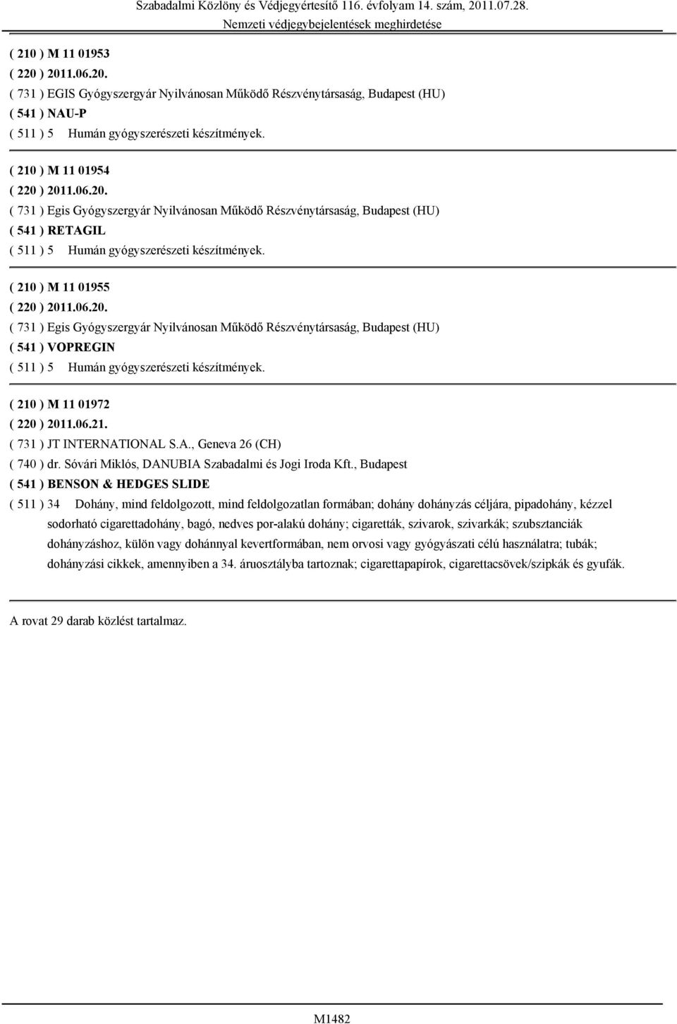 Nyilvánosan Működő Részvénytársaság, Budapest (HU) ( 541 ) VOPREGIN ( 210 ) M 11 01972 ( 220 ) 2011.06.21. ( 731 ) JT INTERNATIONAL S.A., Geneva 26 (CH) ( 740 ) dr.