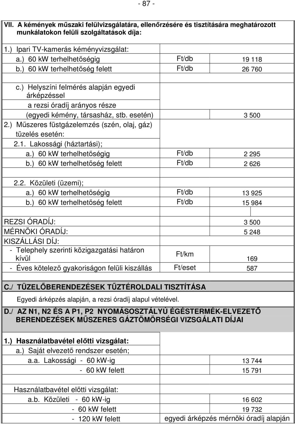 esetén) 3 500 2.) Mőszeres füstgázelemzés (szén, olaj, gáz) tüzelés esetén: 2.1. Lakossági (háztartási); a.) 60 kw terhelhetıségig Ft/db 2 295 b.) 60 kw terhelhetıség felett Ft/db 2 626 2.2. Közületi (üzemi); a.