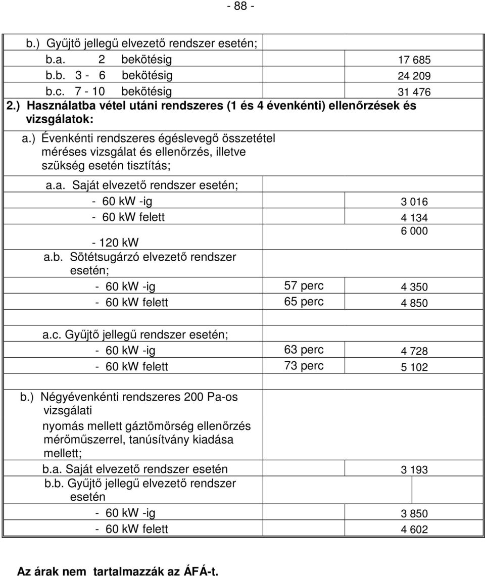 ) Évenkénti rendszeres égéslevegı összetétel méréses vizsgálat és ellenırzés, illetve szükség esetén tisztítás; a.a. Saját elvezetı rendszer esetén; - 60 kw -ig 3 016-60 kw felett 4 134 6 000-120 kw a.