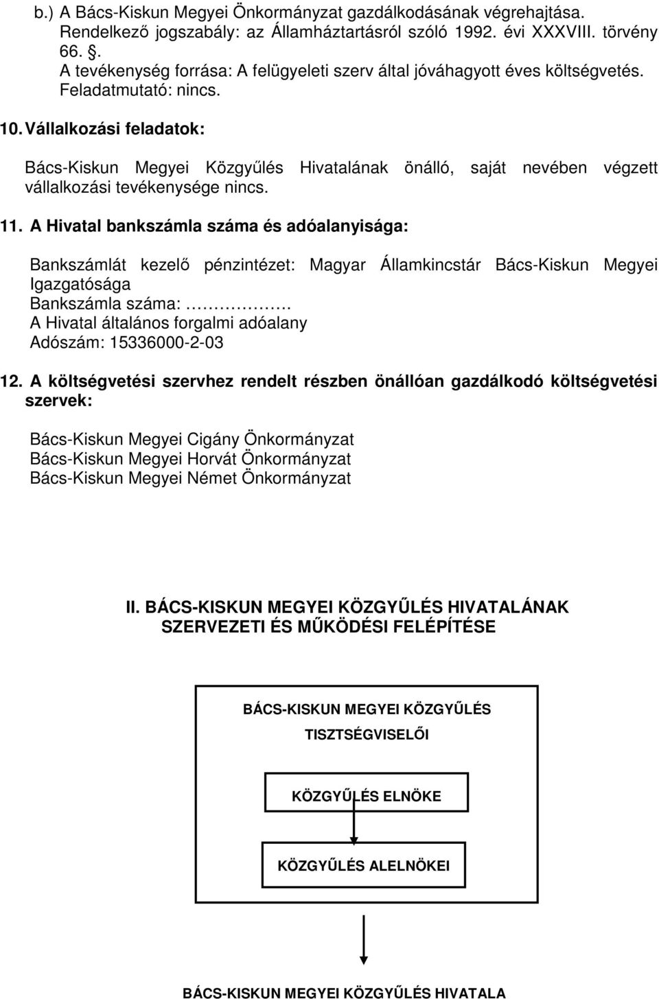 Vállalkozási feladatok: Bács-Kiskun Megyei Közgyőlés Hivatalának önálló, saját nevében végzett vállalkozási tevékenysége nincs. 11.