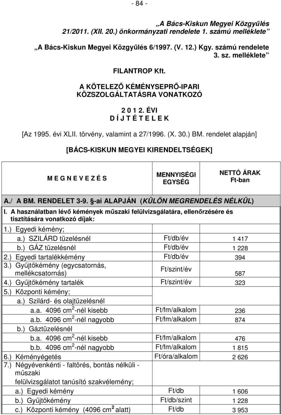 rendelet alapján] [BÁCS-KISKUN MEGYEI KIRENDELTSÉGEK] M E G N E V E Z É S MENNYISÉGI EGYSÉG NETTÓ ÁRAK Ft-ban A./ A BM. RENDELET 3-9. -ai ALAPJÁN (KÜLÖN MEGRENDELÉS NÉLKÜL) I.