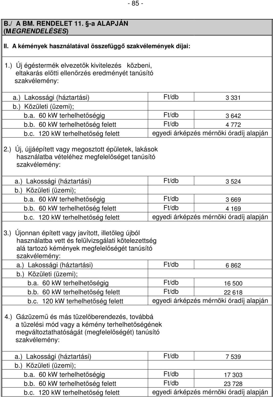 b. 60 kw terhelhetıség felett Ft/db 4 772 b.c. 120 kw terhelhetıség felett egyedi árképzés mérnöki óradíj alapján 2.