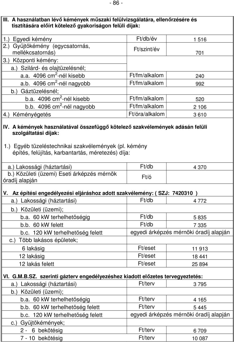 ) Gáztüzelésnél; b.a. 4096 cm 2 -nél kisebb Ft/fm/alkalom 520 b.b. 4096 cm 2 -nél nagyobb Ft/fm/alkalom 2 106 4.) Kéményégetés Ft/óra/alkalom 3 610 IV.