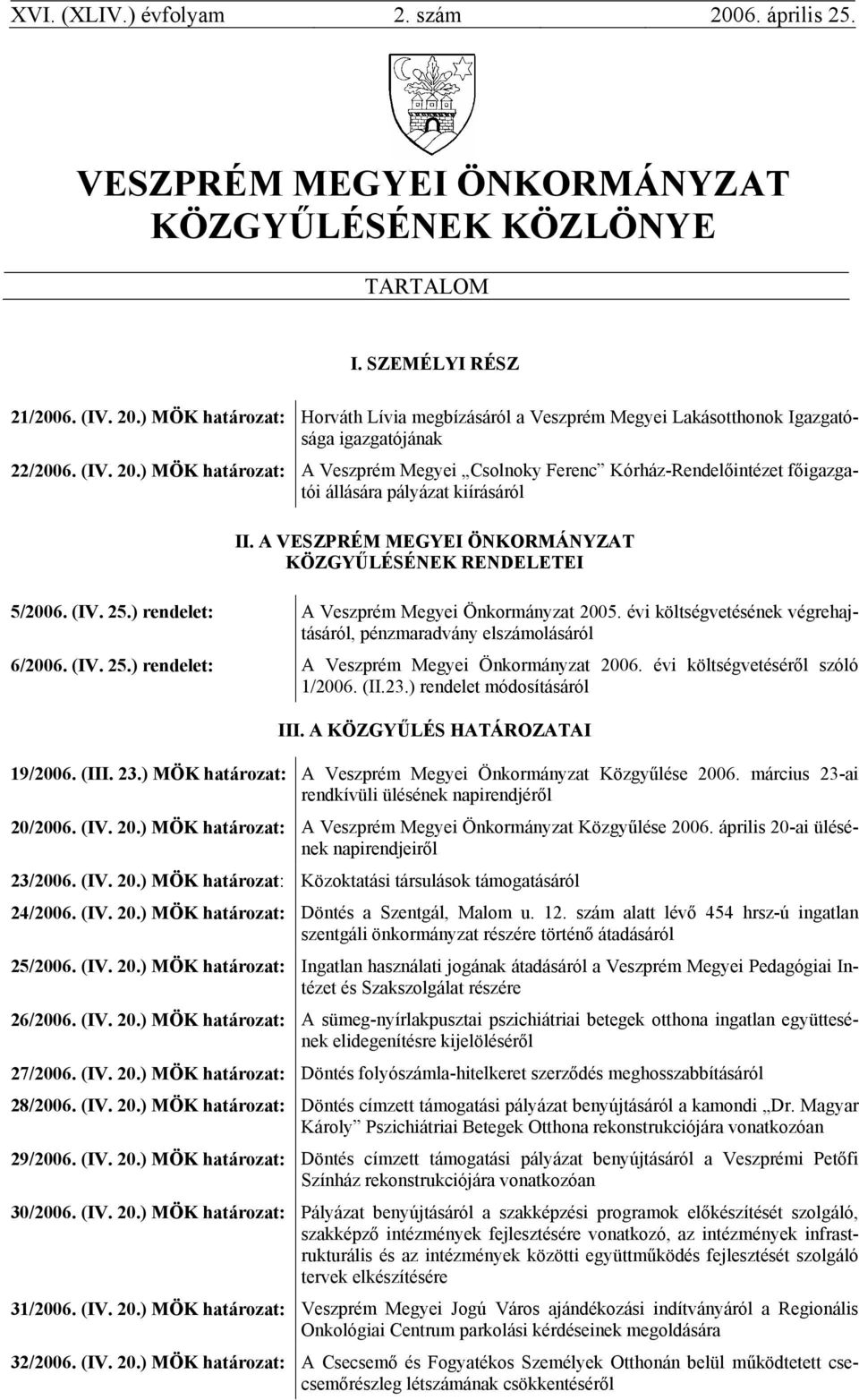 ) rendelet: A Veszprém Megyei Önkormányzat 2005. évi költségvetésének végrehajtásáról, pénzmaradvány elszámolásáról 6/2006. (IV. 25.) rendelet: A Veszprém Megyei Önkormányzat 2006.