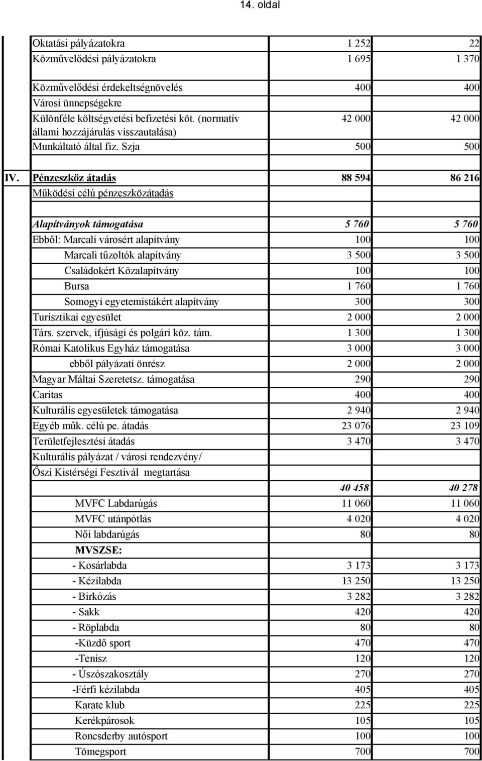 Pénzeszköz átadás 88 594 86 216 Működési célú pénzeszközátadás Alapítványok támogatása 5 760 5 760 Ebből: Marcali városért alapítvány 100 100 Marcali tűzoltók alapítvány 3 500 3 500 Családokért