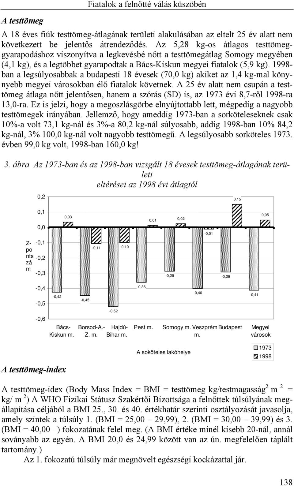 1998- ban a legsúlyosabbak a budapesti 18 évesek (70,0 kg) akiket az 1,4 kg-mal könynyebb megyei városokban élő fiatalok követnek.