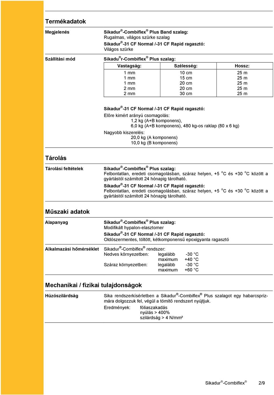 kg (A+B komponens), 480 kg-os raklap (80 x 6 kg) Nagyobb kiszerelés: 20,0 kg (A komponens) 10,0 kg (B komponens) Tárolás Tárolási feltételek Sikadur -Combiflex Plus szalag: Felbontatlan, eredeti