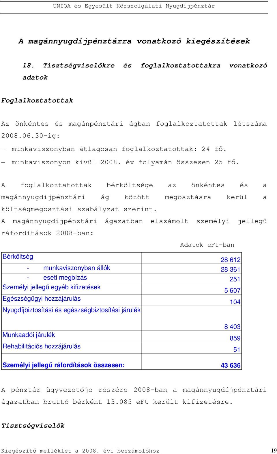 A foglalkoztatottak bérköltsége az önkéntes és a magánnyugdíjpénztári ág között megosztásra kerül a költségmegosztási szabályzat szerint.