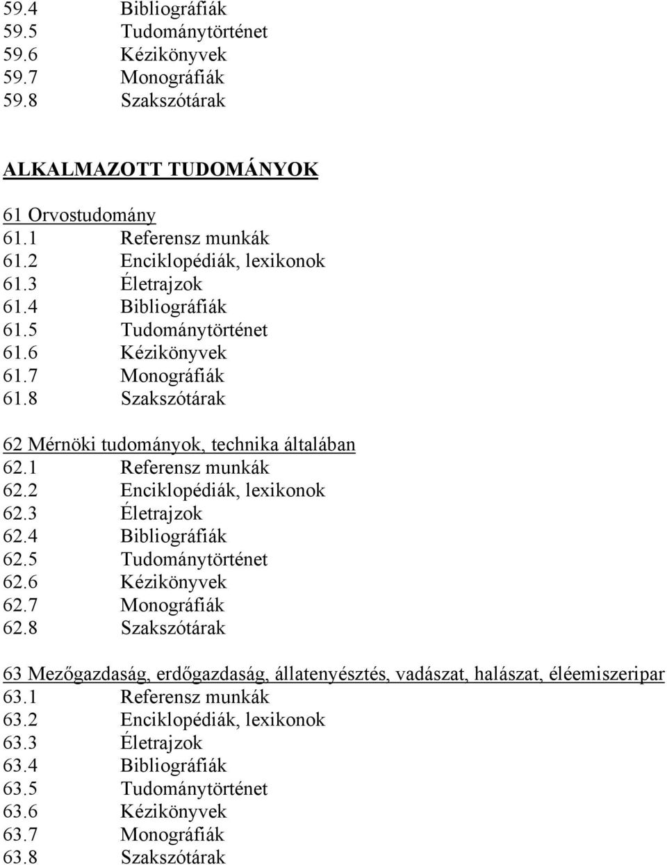 1 Referensz munkák 62.2 Enciklopédiák, lexikonok 62.3 Életrajzok 62.4 Bibliográfiák 62.5 Tudománytörténet 62.6 Kézikönyvek 62.7 Monográfiák 62.