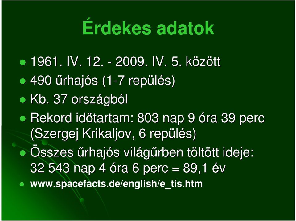 37 országb gból Rekord idıtartam: 803 nap 9 óra 39 perc (Szergej