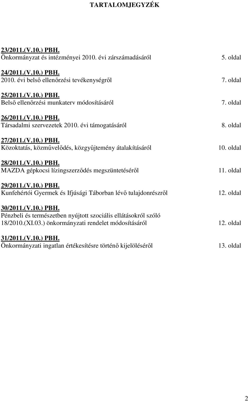 (V.10.) PBH. Kunfehértói Gyermek és Ifjúsági Táborban lévı tulajdonrészrıl 30/2011.(V.10.) PBH. Pénzbeli és természetben nyújtott szociális ellátásokról szóló 18/2010.(XI.03.