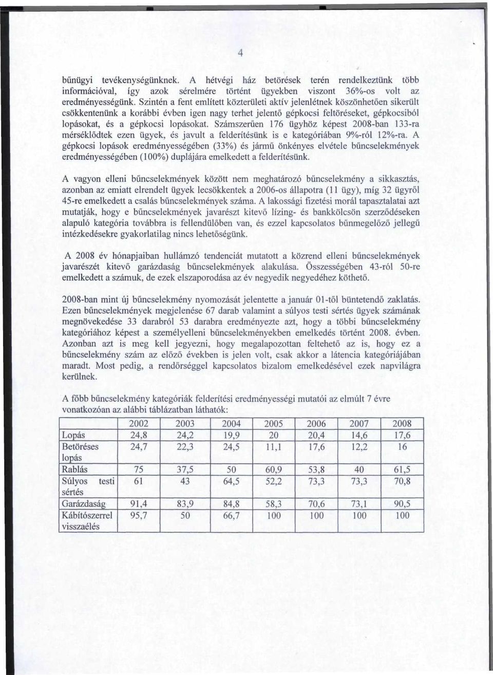 lopasokat. Szamszeriien 176 iigyhoz kepest 008-ban 133-ra merseklodtek ezen ugyek, es javult a felderitestink is e kategoriaban 9%-rol 1%-ra.