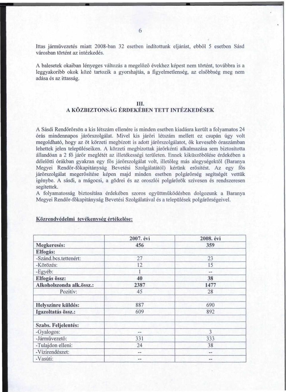 III. A KOZBIZTONSAG ERDEKEBEN TETT INTEZKEDESEK A Sasdi Rendororson a kis letszam ellenere is minden esetben kiadasra keriilt a folyamatos 4 oras mindennapos jarorszolgalat.