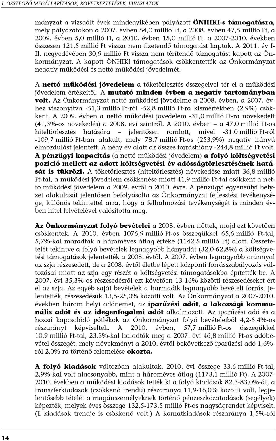 negyedévében 30,9 millió Ft vissza nem térítendő támogatást kapott az Önkormányzat. A kapott ÖNHIKI támogatások csökkentették az Önkormányzat negatív működési és nettó működési jövedelmét.