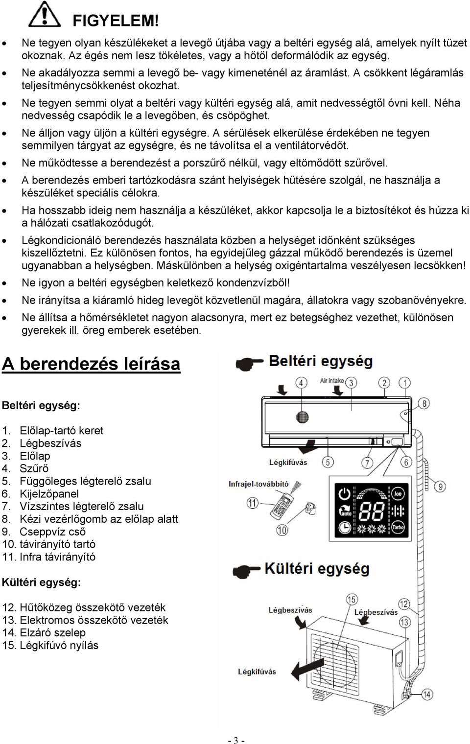 Ne tegyen semmi olyat a beltéri vagy kültéri egység alá, amit nedvességtől óvni kell. Néha nedvesség csapódik le a levegőben, és csöpöghet. Ne álljon vagy üljön a kültéri egységre.