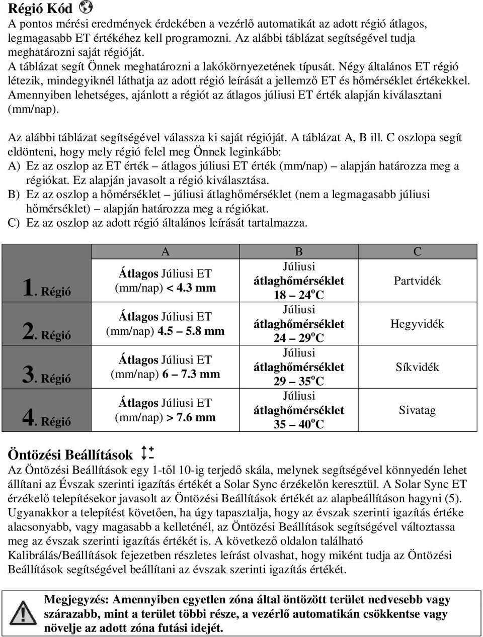 Négy általános ET régió létezik, mindegyiknél láthatja az adott régió leírását a jellemző ET és hőmérséklet értékekkel.