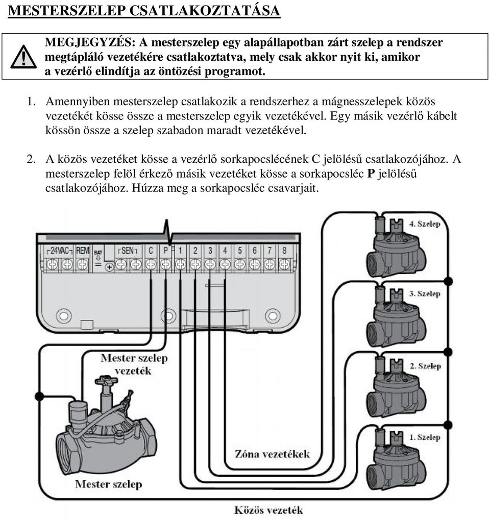 Amennyiben mesterszelep csatlakozik a rendszerhez a mágnesszelepek közös vezetékét kösse össze a mesterszelep egyik vezetékével.