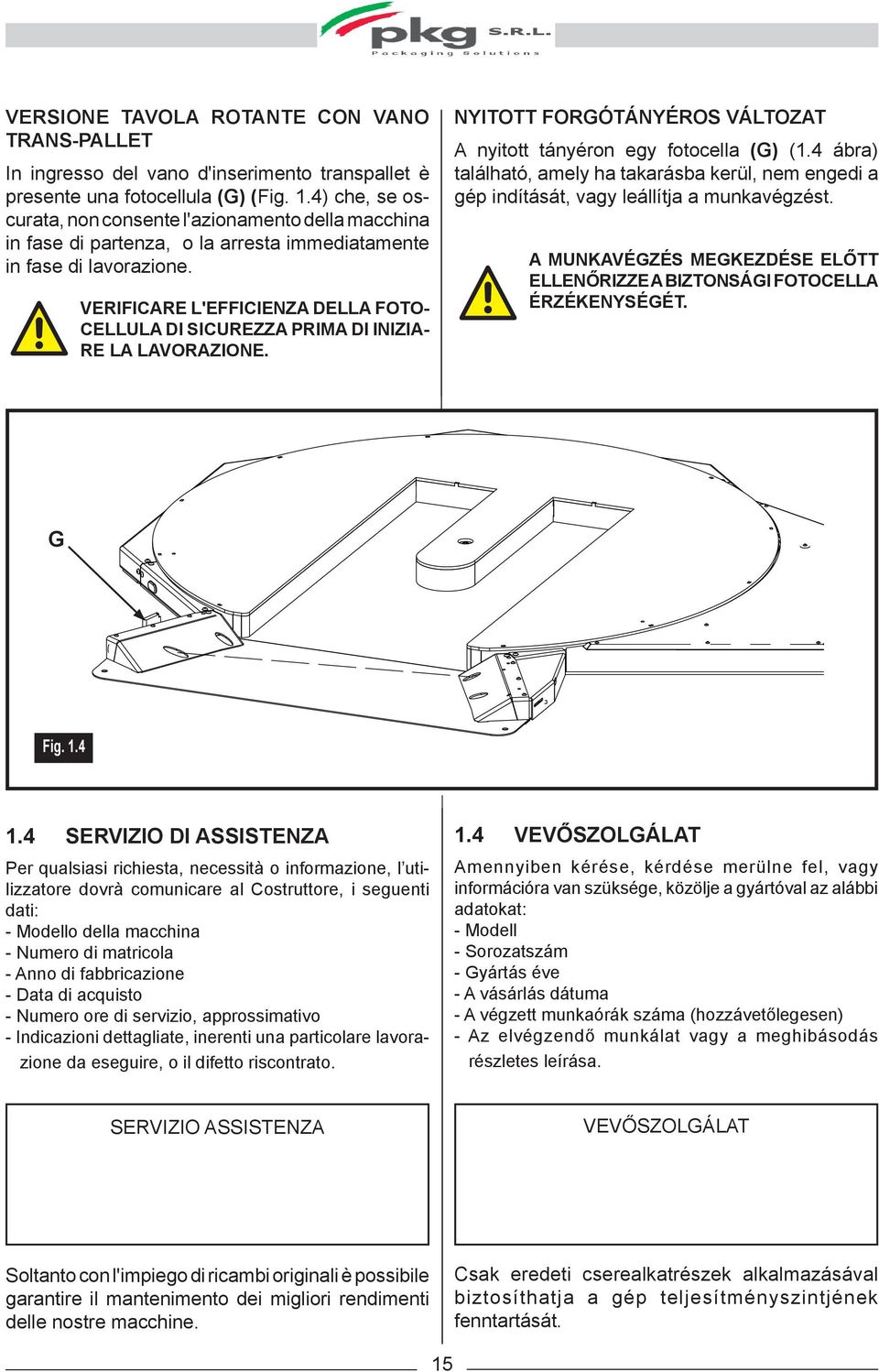 VERIFICARE L'EFFICIENZA DELLA FOTO- CELLULA DI SICUREZZA PRIMA DI INIZIA- RE LA LAVORAZIONE. NYITOTT FORGÓTÁNYÉROS VÁLTOZAT A nyitott tányéron egy fotocella (G) (1.