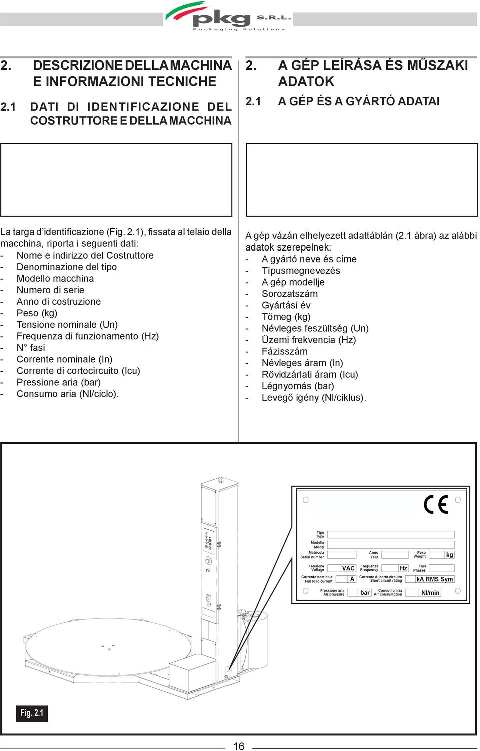 1), fissata al telaio della macchina, riporta i seguenti dati: - Nome e indirizzo del Costruttore - Denominazione del tipo - Modello macchina - Numero di serie - Anno di costruzione - Peso (kg) -