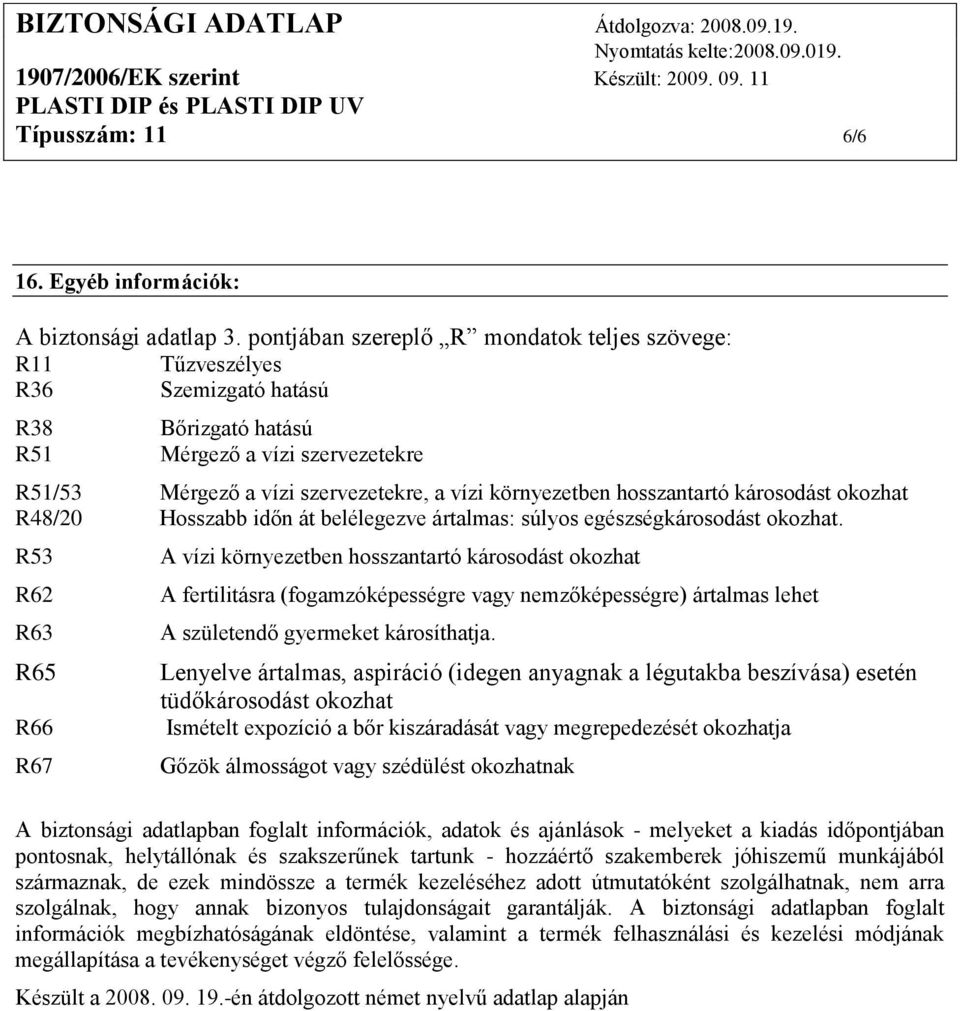 hosszantartó károsodást okozhat R48/20 Hosszabb időn át belélegezve ártalmas: súlyos egészségkárosodást okozhat.