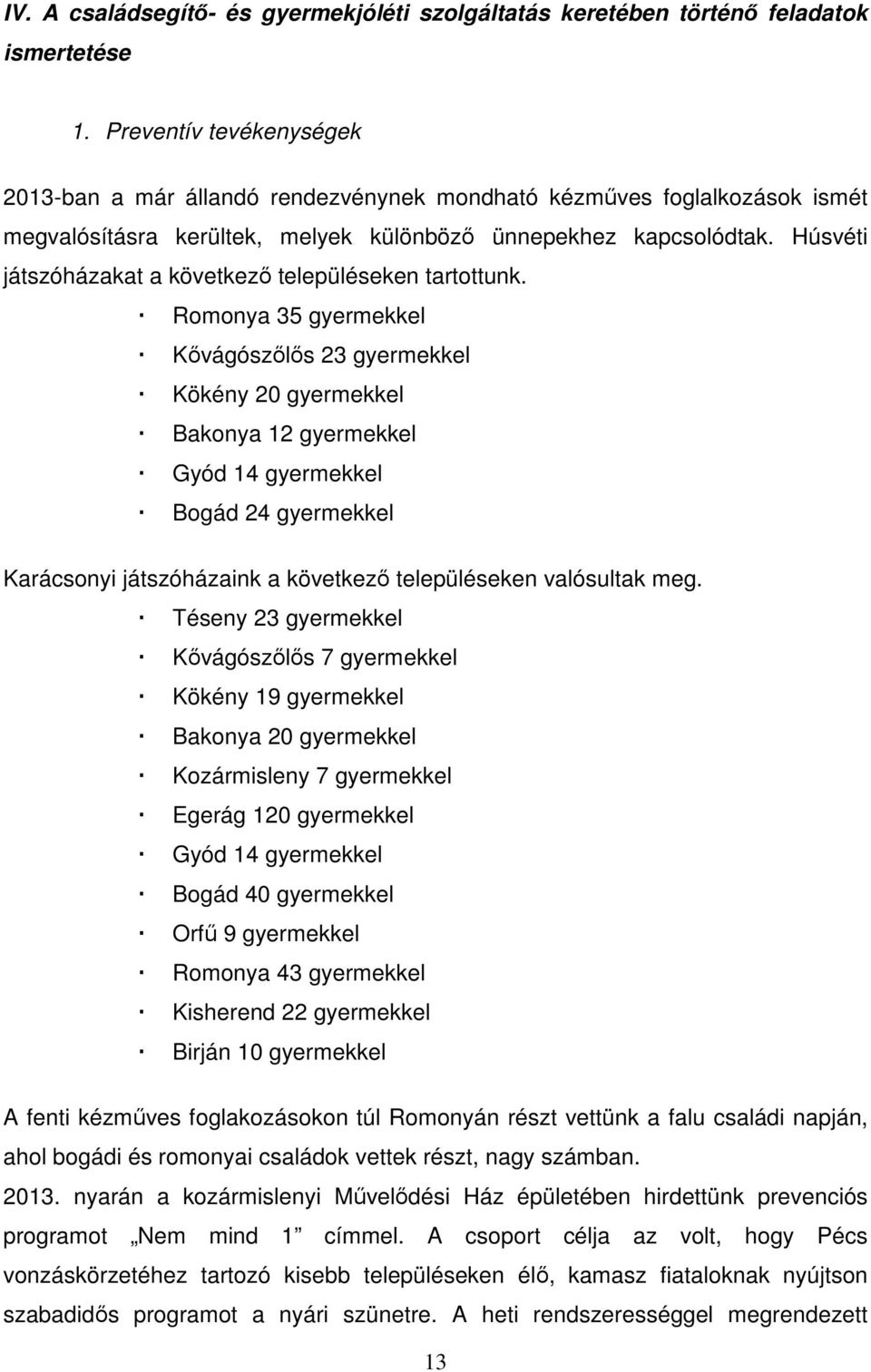 Húsvéti játszóházakat a következő településeken tartottunk.